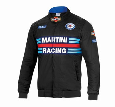 Sparco Martini Bomber Jacket in black with red and blue Martini Racing stripes and racing-style collar. Image